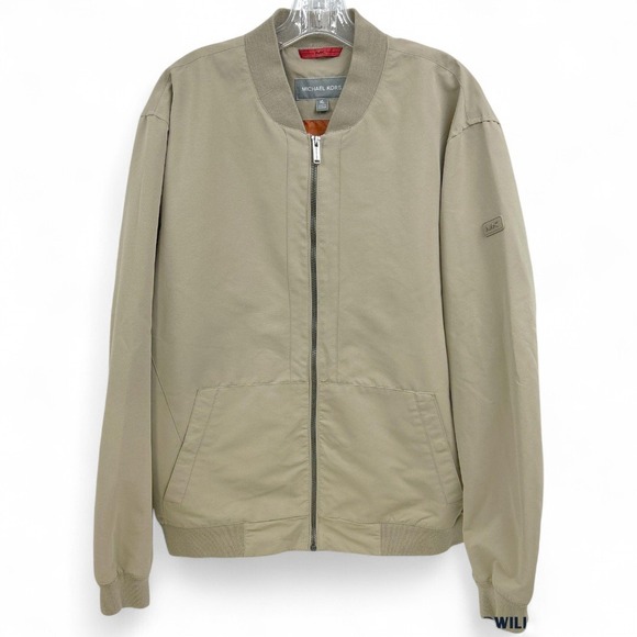Michael Kors Mens Bomber Jacket Tan Khaki Orange Lining Full Zip Size XL